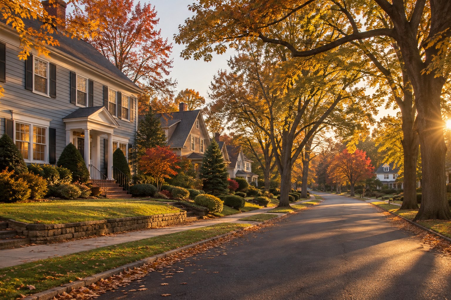 A South Orange, New Jersey residential street at golden hour, illustrative