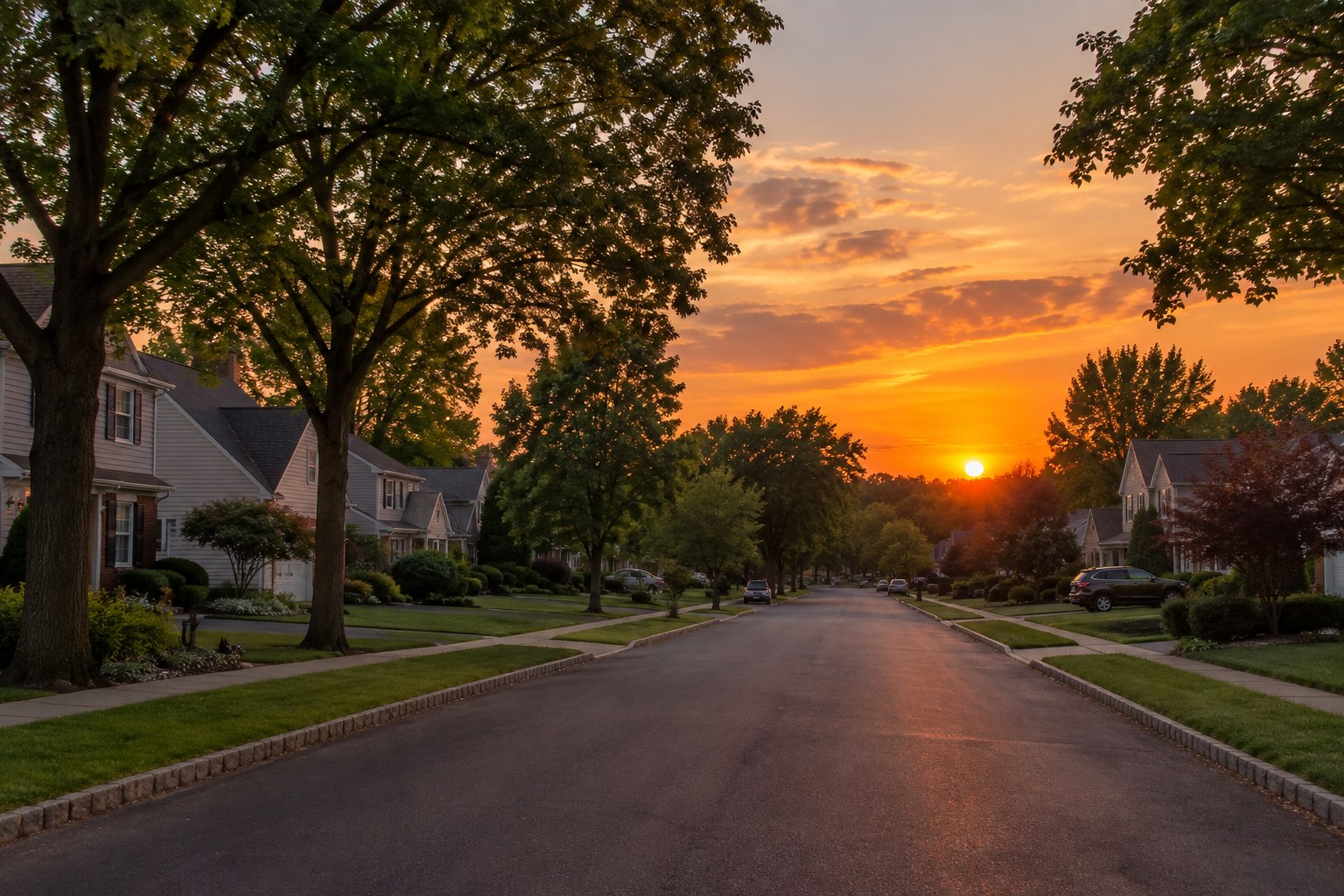 A New Jersey street at sunset, illustrative