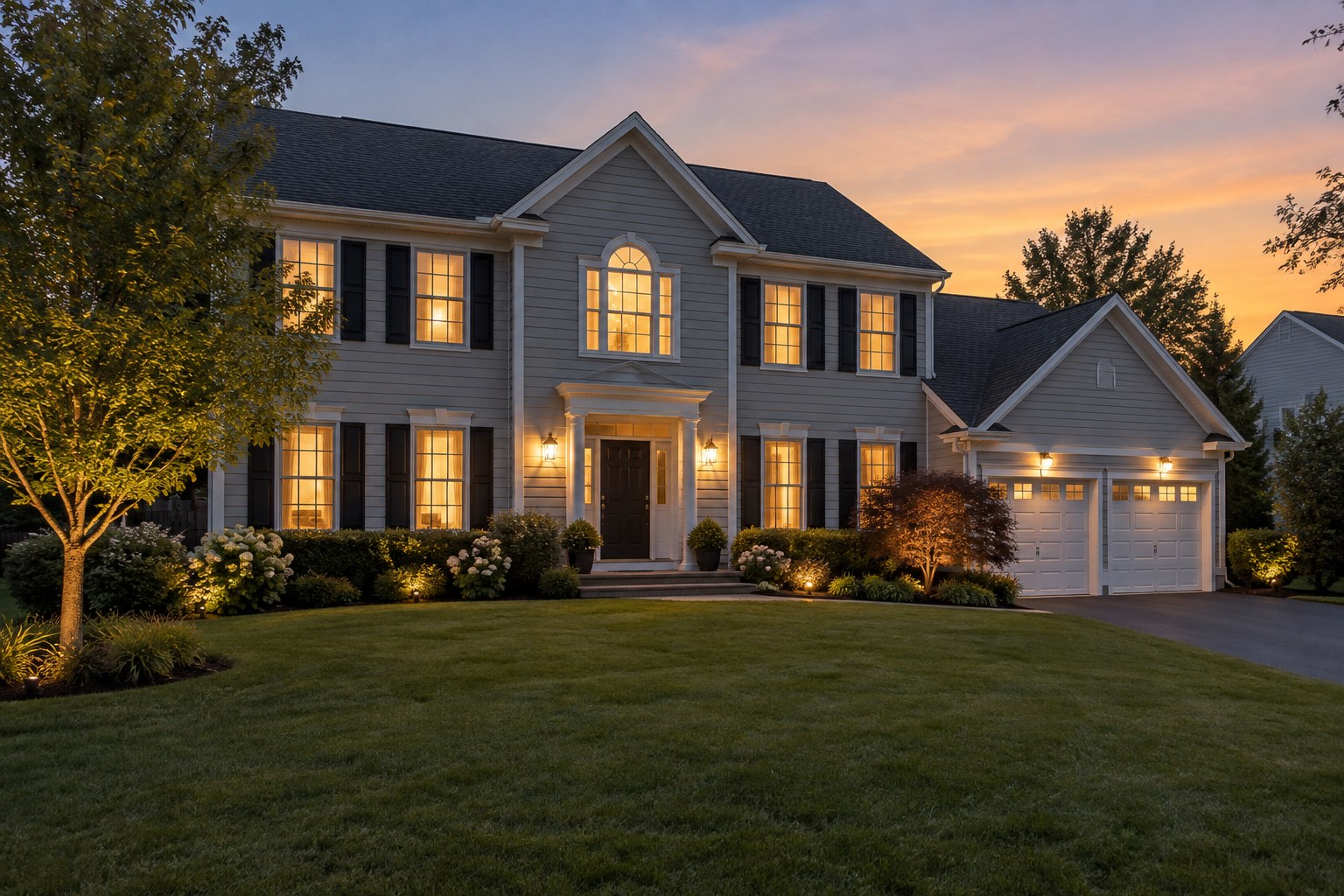 A New Jersey home exterior at dusk, illustrative